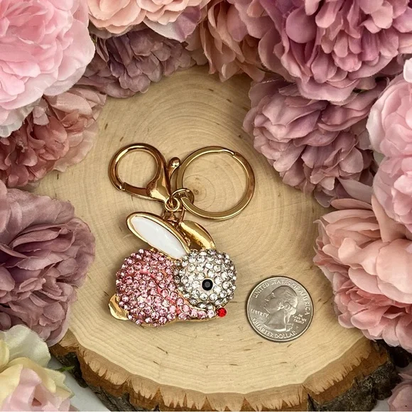 Pale Pink and Silver Crystal Bunny Rabbit Keychain Charm - Picture 11 of 12